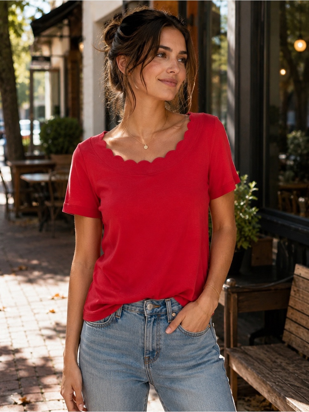 Kim Rogers Perfectly Soft Red Scallop Neck Cotton Tee Petite Medium PM